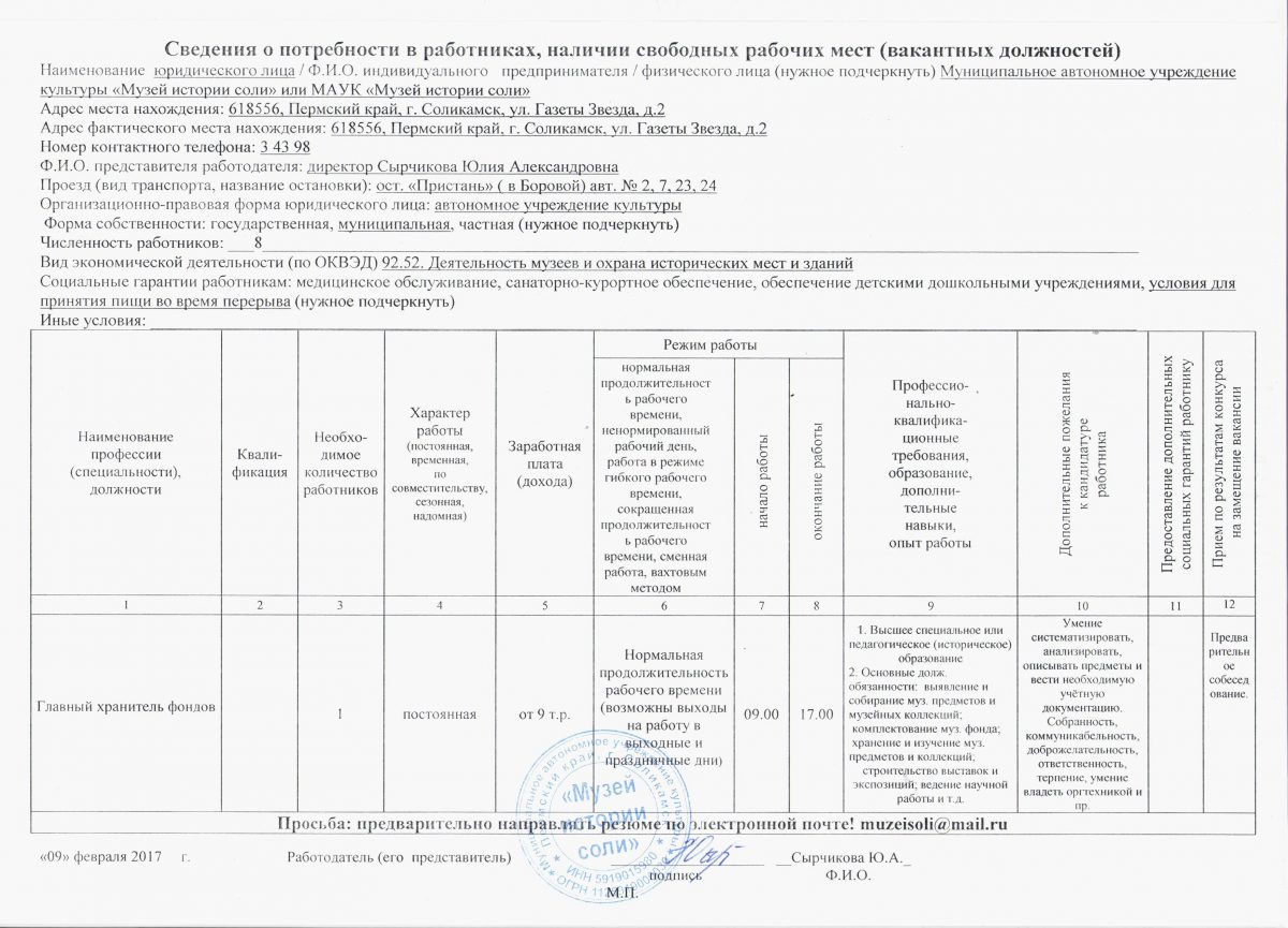 Сведения о потребности в работниках наличии свободных рабочих мест вакантных должностей образец